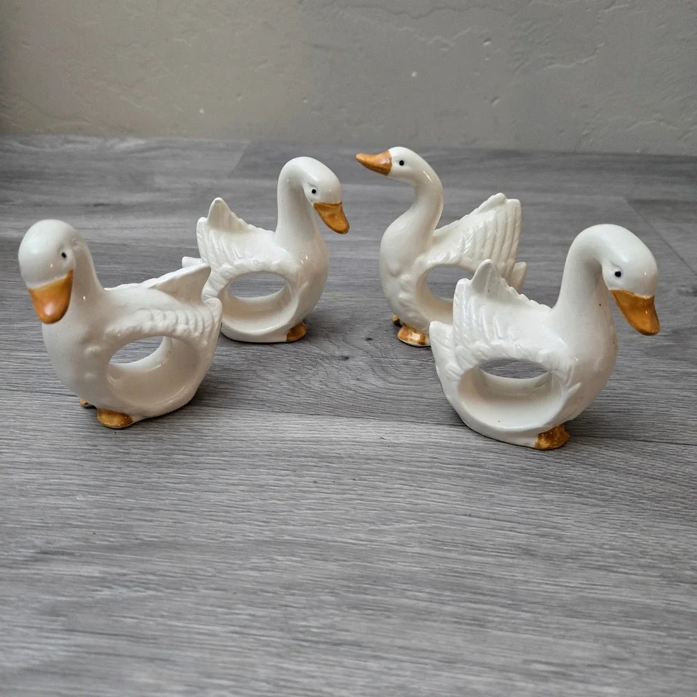 White Goose Napkin Rings Set 4 Vintage Ceramic Japan Cottagecore 80s